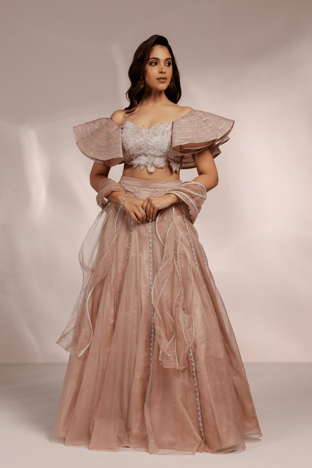CHAMPAGNE SKIRT WITH FLARED SLEEVES BLOUSE AND DUPATTA SET-XS