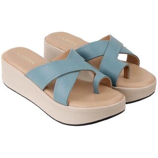 Lazera Platform Heel Sandals Solid Broad Strap Upper Pattern Open Back Slip On For Women Blue