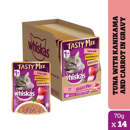 Whiskas Tasty Mix Tuna with Kanikama and Carrot in Gravy Adult (1+ Years) Wet Cat Food (70gx14)