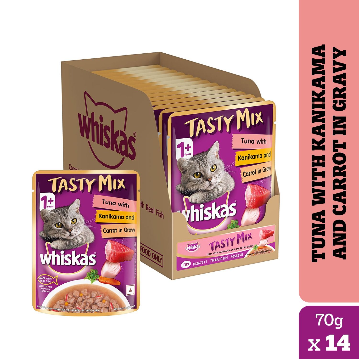 Whiskas Tasty Mix Tuna with Kanikama and Carrot in Gravy Adult (1+ Years) Wet Cat Food (70gx14)