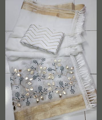 BYUPRI Linen Embroidered Saree With Unstitched Blouse Piece ( White )