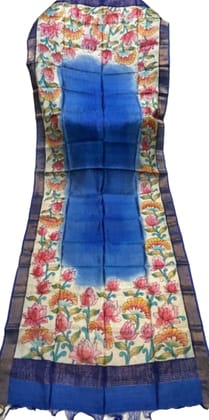 Exquisite Hand-Painted Pure Tussar Silk Dupatta with Zari Border - Rich Blue Gradient, Floral Patterns, and Elegant Zari Border for Festive and Everyday Wear, Ideal Gift for Women