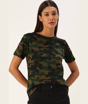JUNEBERRY Women Cotton Printed Regular Fit Round Neck T-Shirt ( Olive )