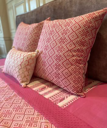 KRI India Tots Pretty Pink Cushion Covers | Off White with Pink Jacquard weave work | 24x24 inches | Wash & Care | 100% Cotton | Handcrafted in India. 100% organic & natural. KRI India Tots Pretty Pink Cushion Covers | Off White with Pink Jacquard weave work | 24x24 inches | Wash & Care | 100% Cotton | Handcrafted in India. 100% organic & natural.