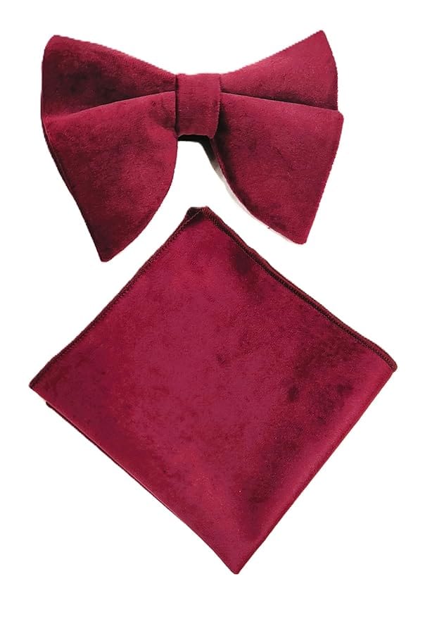VOICI Men's Velvet & Satin oversized Bow & Pocket Square Tie Black Color Free Size best for Tuxido dinner jackets - Burgundy Velvet