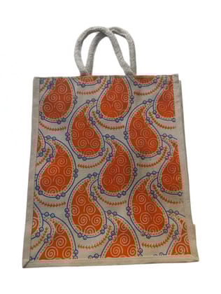 Stylish Orange and White Paisley Print Jute Tote Bag