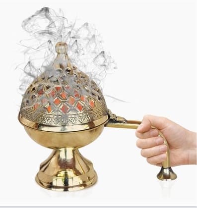 Gold Brass Dhuna Loban Burner, Medium Size, Traditional Incense Holder, Round Shape, Gold Brass Finish, Table Dhoop Dani