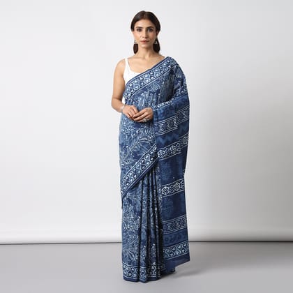 MOORA Indigo Illusion Hand Block Print Mulmul Cotton Bagru Saree Length 5.50 Meters Width 44 Inches with Blouse Piece 1 metre