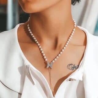 Pearl Butterfly Pendant Necklace Korean Style