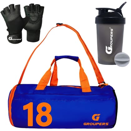 GROUPERS Combo Set of Duffle Polyester Bag with Shaker Bottle-400ml & Gloves
