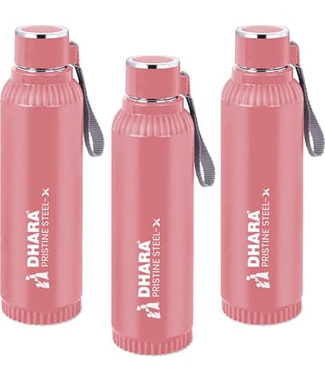 Dhara Stainless Steel Quench Inner Steel Outer Plastic Peach Stainless Steel Water Bottle 650 mL ( Set of 3 )