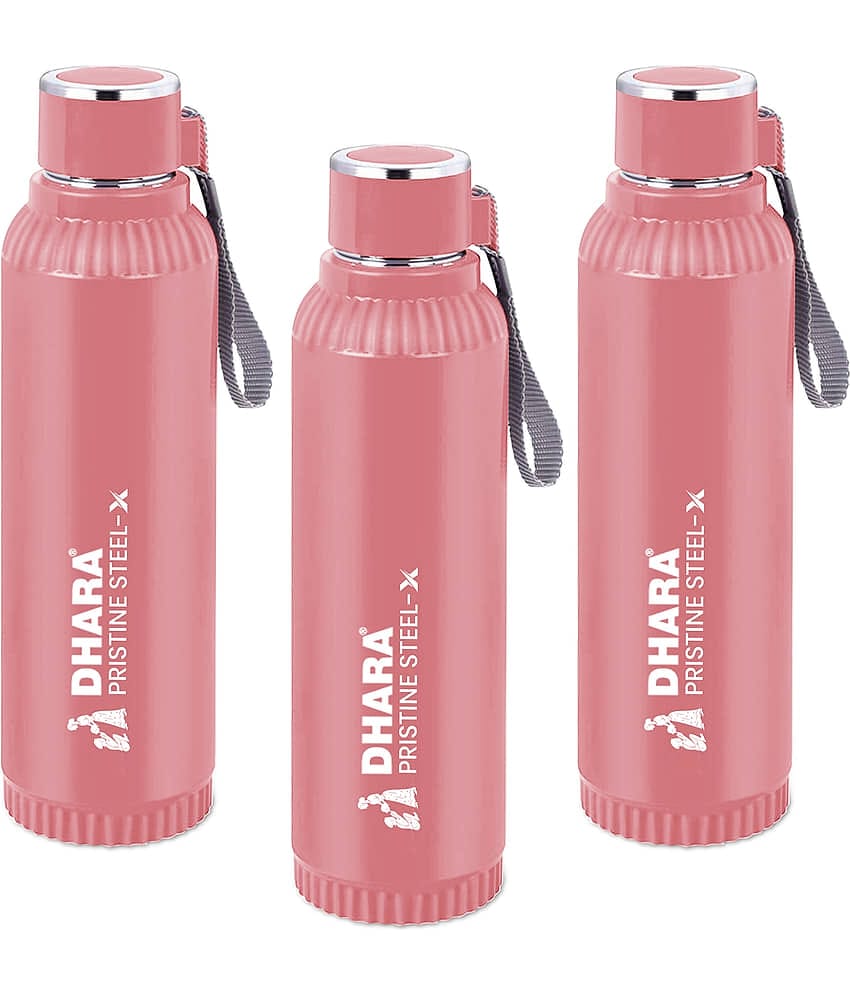 Dhara Stainless Steel Quench Inner Steel Outer Plastic Peach Stainless Steel Water Bottle 650 mL ( Set of 3 )
