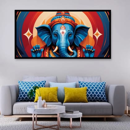 Luminary Celestial Ganesha – Vibrant Spiritual Elephant Museum-Quality Cotton Canvas Art for Living Room Décor | Frame Size (127 X 69 Cm) | Frame Type (Black) | 5-Year Warranty