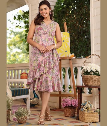 Janasya Women Cotton Printed Fit & Flare Dress ( Pink )