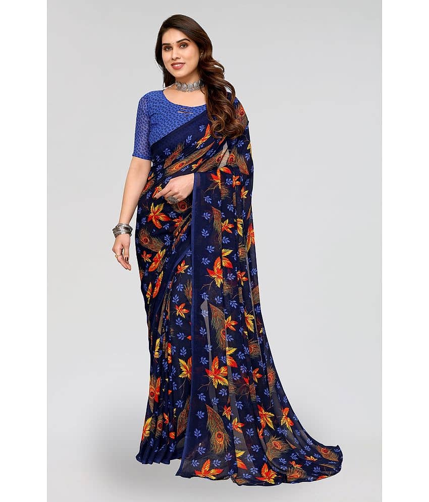 Kashvi Sarees Georgette Printed Saree With Unstitched Blouse Piece ( Navy Blue )