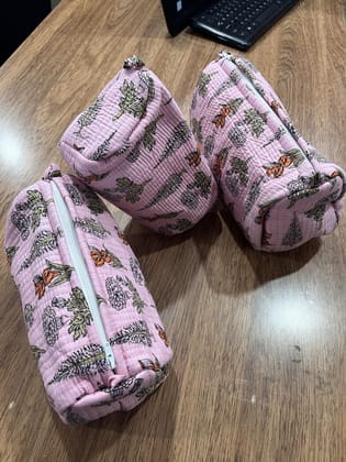 Pink Floral Print Cosmetic Bags Set of 3, Zippered Cotton Fabric Bags, 3 Pieces, Travel Organizer Pink Floral Print Cosmetic Bags Set of 3, Zippered Cotton Fabric Bags, 3 Pieces, Travel Organizer