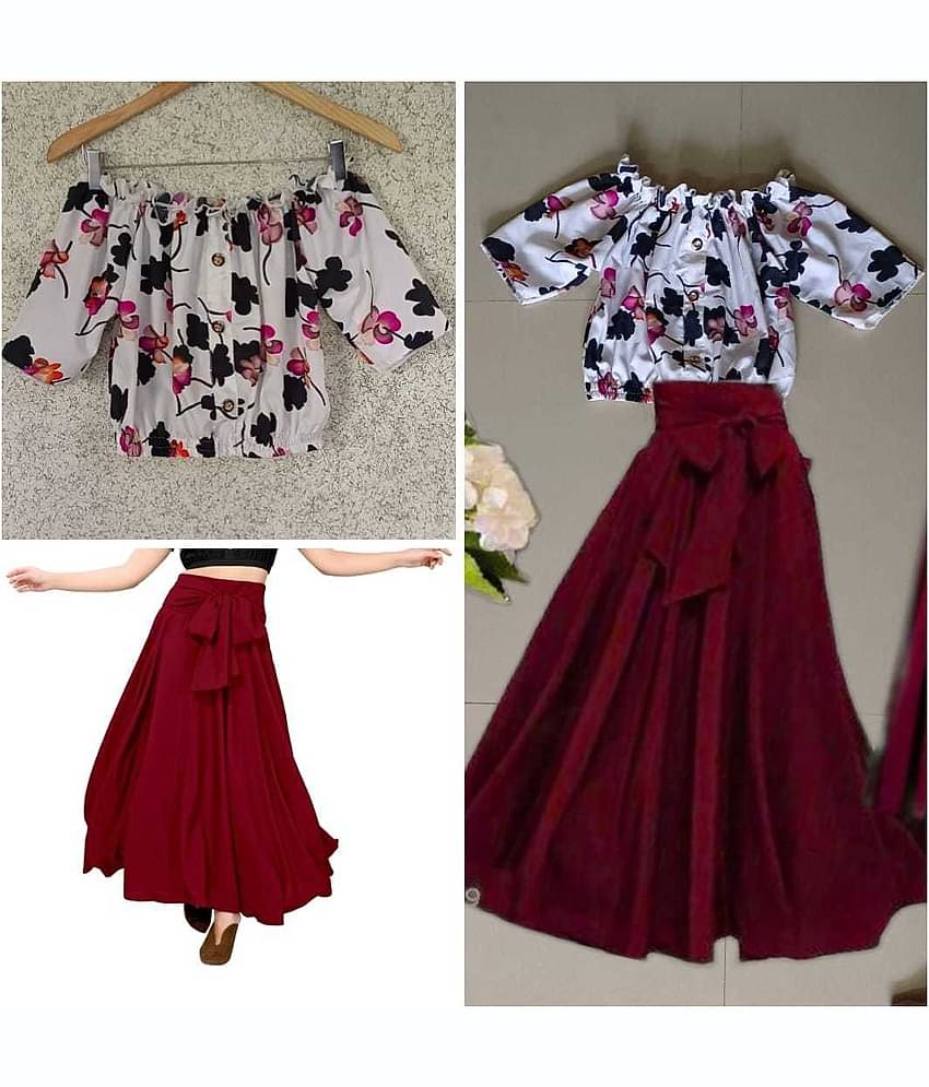 KAHARA Women Printed Top With Skirt Co-Ord Set ( Maroon )