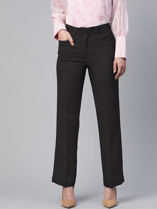 Regular Fit Mid Waist Stretch Trouser- Black-XS
