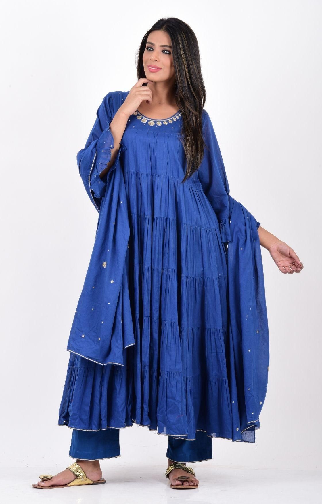 Royal Blue Crinkled Layered Kurta Set-S