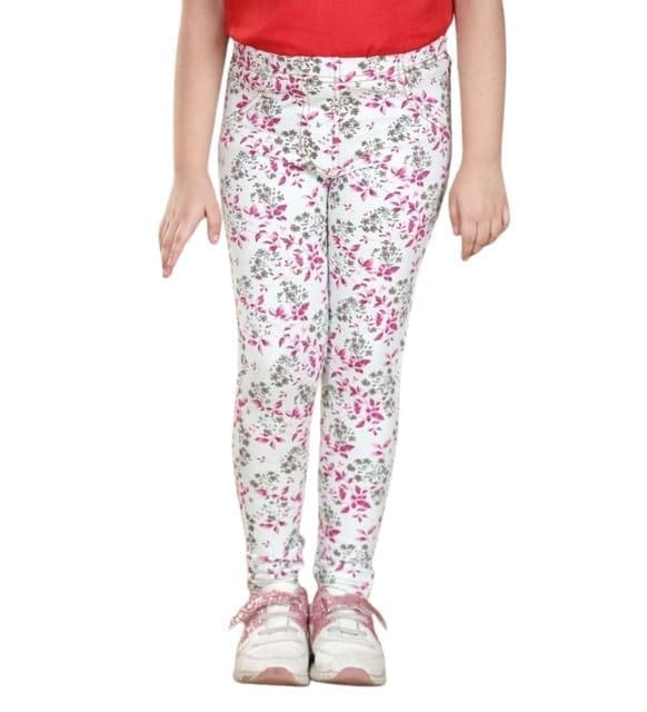 Girl's Cotton Blended Floral Elasticated Jeggings (White-Pink, 3-4-Yrs)-PID66061