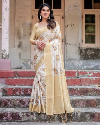 Ivory and Gold Banarasi Silk Saree with Floral Print, Zari Border, and Tassels-Regular
