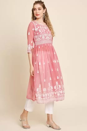 Peach Floral Embroidered long tops-XXL-44