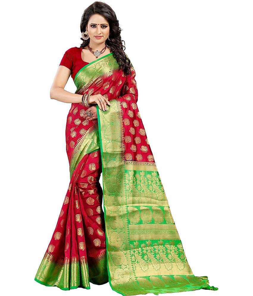 fab woven Silk Blend Self Design Saree With Unstitched Blouse Piece ( Maroon )