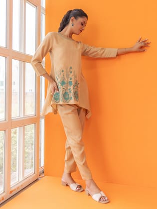 Beige Cotton Co-Ord Set with Floral Embroidery-XXL