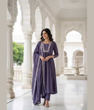 Hiva Trendz Women Silk Blend Embroidered Straight Kurti With Pants ( Purple )