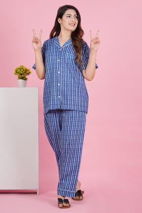 Charming Blue and White Stripe Print Katha Thread Work Half Sleeve Pyjama Set-S / Blue / 100% Cotton