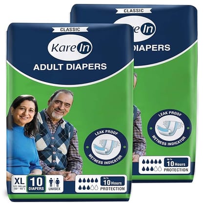 KareIn Classic Adult Diapers, Extra Large (XL), Waist Size 127-165 Cm (50"-65"), 20 Count, Tape Style, Unisex, High Absorbency, Leak Proof, Wetness Indicator KareIn Classic Adult Diapers, Extra Large (XL), Waist Size 127-165 Cm (50"-65"), 20 Count, Tape Style, Unisex, High Absorbency, Leak Proof, Wetness Indicator
