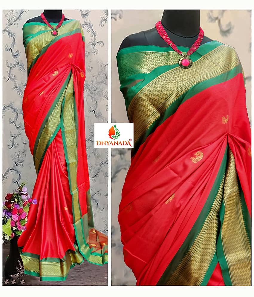 Mysstre Cotton Silk Woven Saree With Unstitched Blouse Piece ( Red )