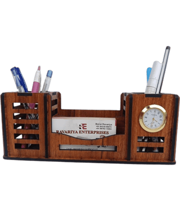Big BOSS Enterprises 4 Compartment Pen Stand Holder With Watch  Multipurpose Wooden Desk Organizer Standing Mobile Stand and Pen Pencil Holder