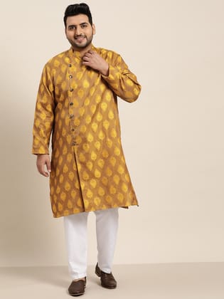 Men's Jacquard Silk Mustard Kurta & Off-White Churidar Pyjama Set-46