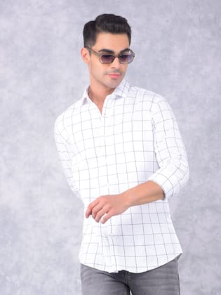 White Windowpane Check 100% Cotton Shirt-M / White
