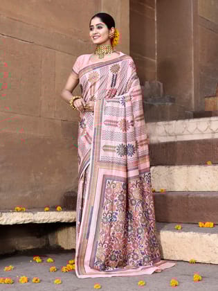 Light Pink Pure Tussar Silk Kantha Pattern Saree