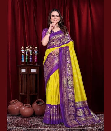 Kanooda Prints Silk Blend Woven Mysore Silk Sarees With Unstitched Blouse Piece ( Yellow )
