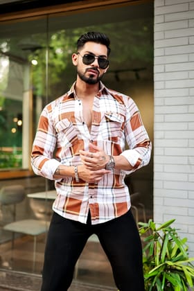 Orange Double Pocket Checkered Shirt