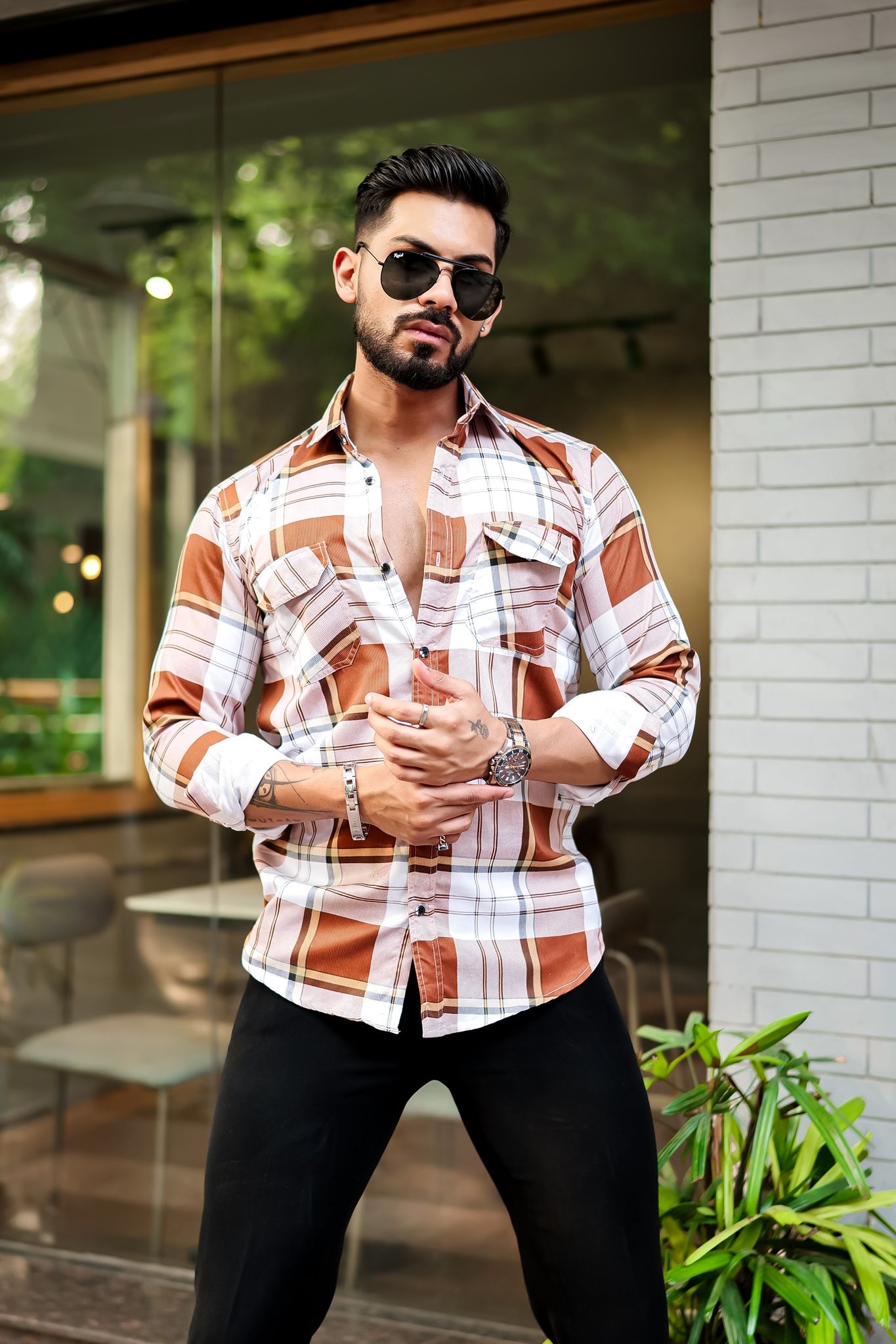 Orange Double Pocket Checkered Shirt