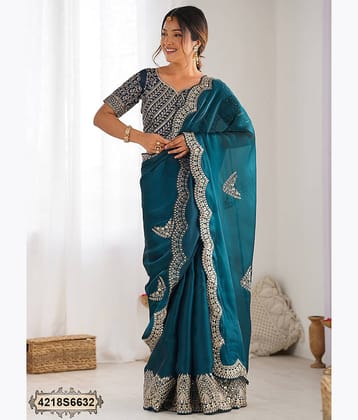 Satrani Tissue Embroidered Saree With Unstitched Blouse Piece ( Teal )