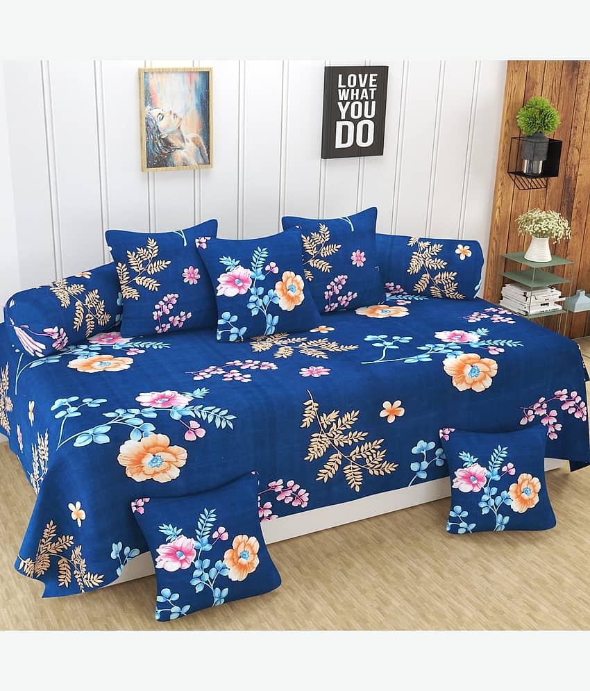 Homefab India Microfibre Floral Diwan Set 8 Pcs - Blue