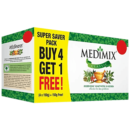 Medimix Classic Ayurvedic Soap - With 18 Herbs, Effective For Skin Problems, 150 g (Buy 4 Get 1 Free)