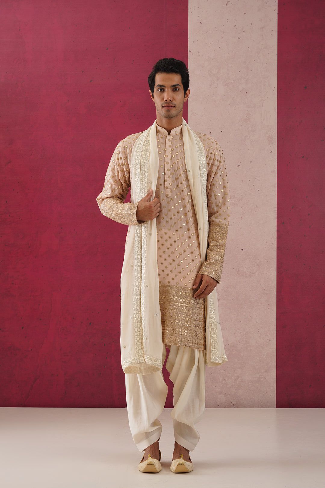 Surya - Embroidered Peach Kurta  Patiyala Set With Dupatta-XS/34
