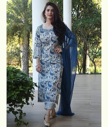 Royal Export Pack of 1 Cotton Blend Printed Straight Women's Kurti with Dupatta - ( White )