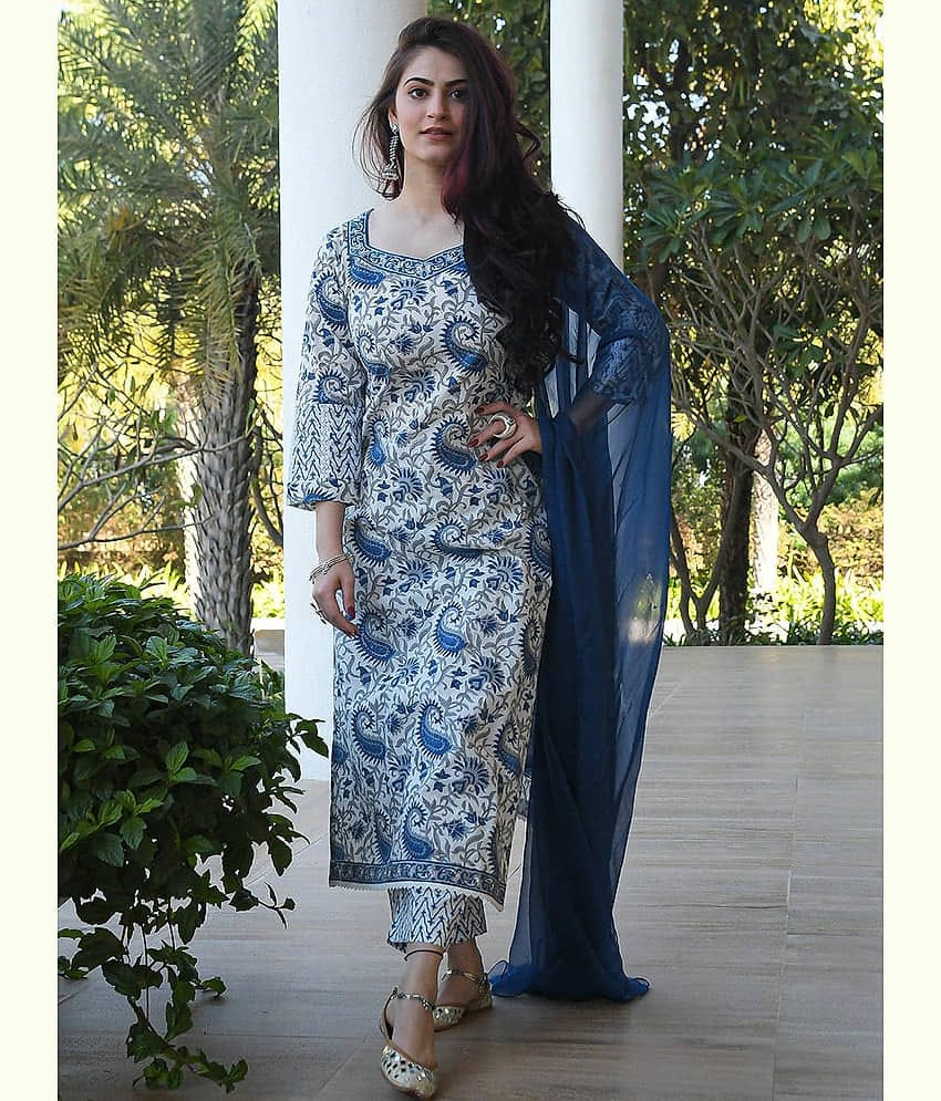 Royal Export Pack of 1 Cotton Blend Printed Straight Women's Kurti with Dupatta - ( White )