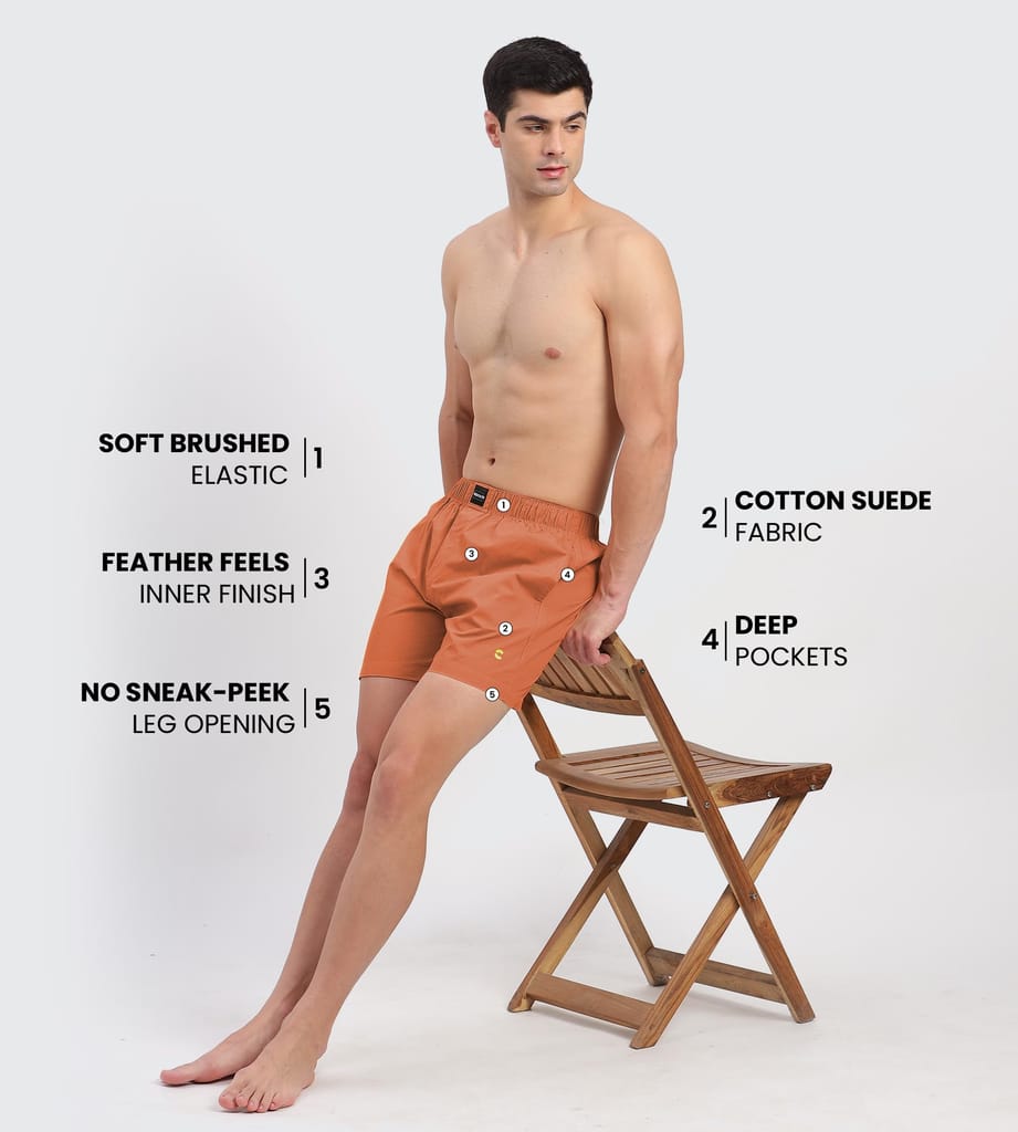 Freecultr Regular Fit Ultralight All Day Boxer Shorts for Men | 100% Cotton Fabric, Dual Deep Side Pocket, Microfibre Waistband Pack of 1-Orange