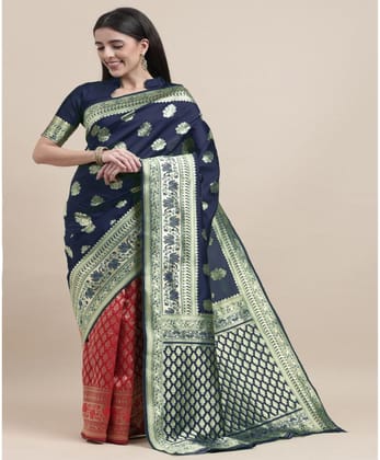 Women's Kanjivaram Silk Designer Weaving Saree with Unstitched Blouse (Blue,Red, 5.50 Mtrs)