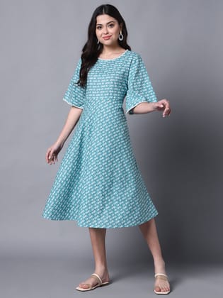 Blue & White Textured Print Lace Embroidery Detaling A-Line Dress-S