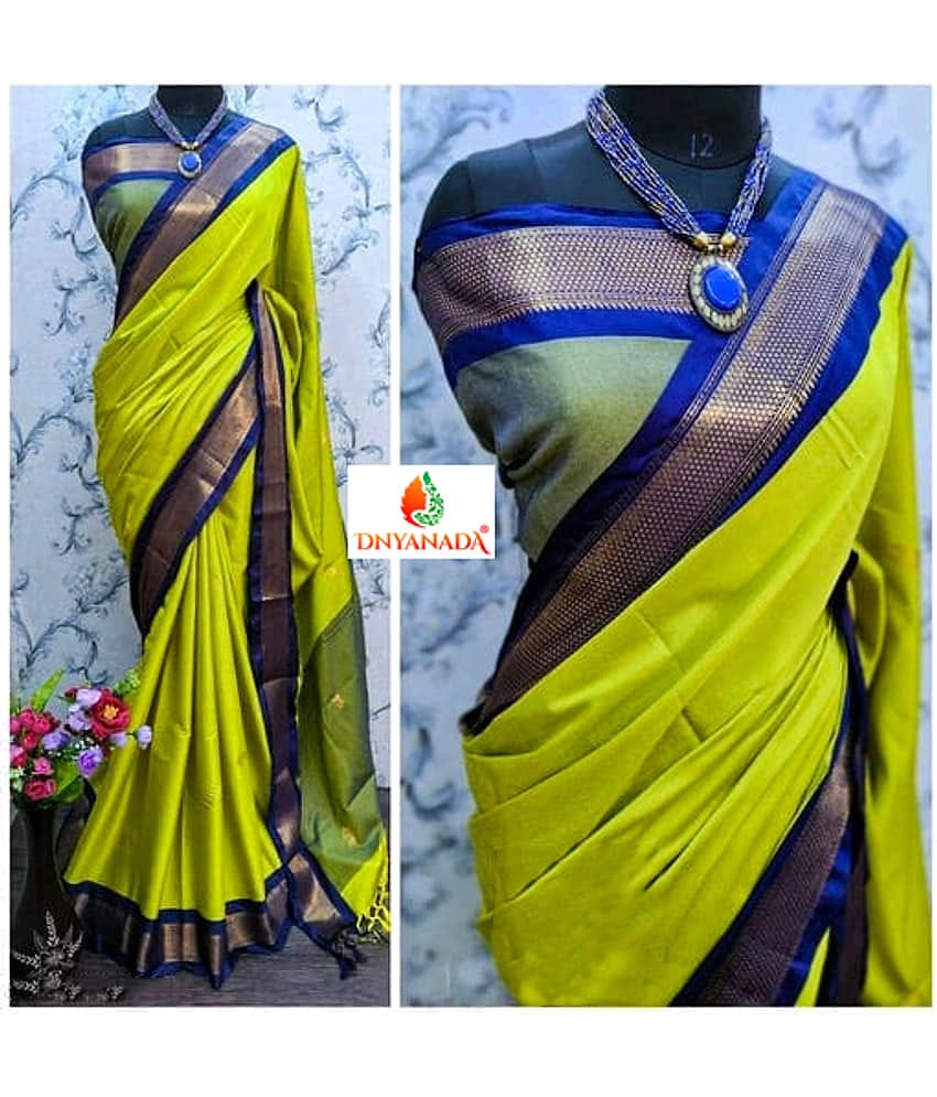 Mysstre Cotton Silk Woven Saree With Unstitched Blouse Piece ( Lime Green )
