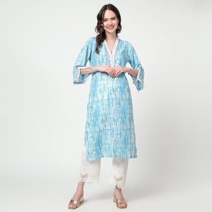 Blue Printed lace detailing kurta-S